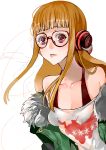  1girl azukiko behind-the-head_headphones black-framed_eyewear breasts fur-trimmed_jacket fur_trim glasses green_jacket headphones jacket long_hair looking_at_viewer off_shoulder orange_hair persona persona_5 sakura_futaba simple_background solo white_background 