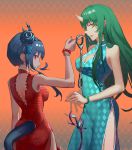  2girls absurdres alternate_costume arknights backless_dress backless_outfit blue_dress blue_hair bracelet breasts ch&#039;en_(arknights) china_dress chinese_clothes cleavage cleavage_cutout cowboy_shot cuffs double_bun dragon_horns dragon_tail dress earrings floating_hair green_hair hair_ribbon handcuffs highres horn horns hoshiguma_(arknights) jade_(gemstone) jewelry long_hair looking_at_viewer medium_breasts medium_hair multiple_girls oni_horn orange_background orange_eyes parted_lips patterned_background pearl_bracelet pelvic_curtain piao_miao profile red_dress red_eyes ribbon side_slit sleeveless sleeveless_dress standing straight_hair tail tail_cutout triangle_earrings 
