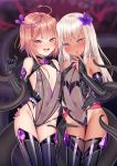  2girls ahoge bangs bare_shoulders black_gloves black_legwear blonde_hair blue_eyes blurry blurry_background blush bridal_gauntlets corruption cowboy_shot dark_persona eyebrows_visible_through_hair finger_to_mouth flat_chest flower gloves hair_flower hair_ornament hand_on_another&#039;s_ass hand_up heart heart-shaped_pupils heart_lock_(kantai_collection) highres hug i-58_(kantai_collection) kantai_collection long_hair microskirt multiple_girls nail_polish navel one-piece_tan partly_fingerless_gloves pink_hair pleated_skirt pubic_tattoo puririn purple_flower purple_nails red_eyes red_skirt ro-500_(kantai_collection) round_teeth see-through shinkaisei-kan short_hair_with_long_locks showgirl_skirt skirt symbol-shaped_pupils tan tanline tattoo teeth tentacles thighhighs 
