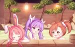  1girl akane_mimi animal_ears bangs blurry blurry_background blush braid brown_eyes brown_hair bunny_ears closed_eyes depth_of_field eyebrows_visible_through_hair fence hikawa_kyouka hodaka_misogi long_hair low_twintails night nude onsen open_mouth outdoors parted_bangs pink_hair pointy_ears princess_connect! princess_connect!_re:dive purple_hair side_ponytail sidelocks solo tokenbox twin_braids twintails wall_lamp 