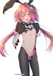  1boy animal_ears astolfo_(fate) bangs black_ribbon blush bow bowtie bunny_boy bunny_ears censored fang fate/grand_order fate_(series) hair_between_eyes hair_intakes highres kousuke_(ko_suke) long_hair looking_at_viewer low_twintails male_focus multicolored_hair navel nipples open_mouth otoko_no_ko penis pink_hair pointless_censoring purple_eyes reverse_bunnysuit reverse_outfit ribbon simple_background smile solo streaked_hair twintails white_background 