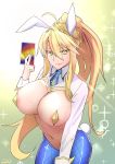  1girl ahoge animal_ears areola_slip areolae artoria_pendragon_(all) artoria_pendragon_(swimsuit_ruler)_(fate) aya_(user_ddya7452) backlighting bangs blonde_hair blue_legwear blue_neckwear blush braid breasts bunny_ears bunny_tail card closed_mouth covered_nipples cropped_jacket fate/grand_order fate_(series) fishnet_legwear fishnets french_braid gradient gradient_background green_background green_eyes hair_between_eyes highres jacket large_breasts light_rays long_hair long_sleeves looking_at_viewer navel necktie pasties playing_card ponytail revealing_clothes reverse_bunnysuit reverse_outfit shrug_(clothing) sidelocks smile solo sparkle tail tiara white_jacket wrist_cuffs 