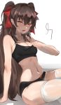  1girl :o bare_arms bare_shoulders black_bra black_panties blush bow bow_panties bra breasts brown_eyes brown_hair cleavage collarbone girls_frontline hair_bow long_hair looking_at_viewer medium_breasts navel open_mouth panties qbz-97_(girls_frontline) red_bow sabashi simple_background sitting solo stomach sweat thighhighs twintails underwear underwear_only very_long_hair white_background white_legwear 