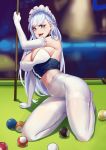  1girl 8-ball absurdres adapted_costume azur_lane bangs bare_shoulders belfast_(azur_lane) billiards black_choker blue_eyes braid breasts choker cleavage cue_ball cue_stick elbow_gloves eyebrows_visible_through_hair full_body gloves highres kumasang large_breasts long_hair maid_headdress open_mouth panties panties_under_pantyhose pantyhose pool_table silver_hair solo thighband_pantyhose tongue tongue_out underwear white_gloves white_legwear 
