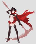  1girl black_hair breasts cape cleavage gloves kill_la_kill matoi_ryuuko midriff multicolored_hair navel red_hair revealing_clothes ruby_rose rwby silver_eyes sinccubi skirt solo suspenders tagme thighhighs two-tone_hair underboob weapon 