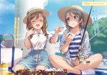  2girls :d :t ^_^ alternate_hairstyle braid breasts brown_hair closed_eyes eating eyebrows_visible_through_hair fishing_rod food food_on_face hair_over_shoulder hair_ribbon hat highres indian_style inou_shin kunikida_hanamaru long_hair love_live! love_live!_sunshine!! medium_breasts multiple_girls obentou official_art onigiri open_mouth outdoors ribbon shirt short_hair shorts sitting skirt smile socks stitched striped striped_shirt sun_hat suspender_skirt suspenders third-party_edit twin_braids wariza watanabe_you white_legwear 