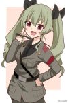  1girl :d absurdres anchovy_(girls_und_panzer) anzio_military_uniform bangs belt black_neckwear black_ribbon black_shirt commentary cowboy_shot dated dress_shirt drill_hair duke_(kimurasun) eyebrows_visible_through_hair girls_und_panzer green_hair grey_jacket grey_pants hair_ribbon hand_on_hip highres jacket long_hair long_sleeves looking_at_viewer military military_uniform necktie open_mouth outside_border pants pink_background red_eyes ribbon riding_crop sam_browne_belt shirt smile solo standing twin_drills twintails uniform wing_collar 