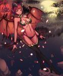  1girl bikini black_bikini boots breasts chain clyde_s demon demon_girl demon_wings full_moon horns large_breasts looking_at_viewer moon navel night original pointy_ears red_eyes red_hair short_hair solo swimsuit wings 