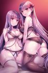  2girls absurdres arms_behind_back ass back bare_shoulders bb_(fate)_(all) bb_(fate/extra_ccc) beeyan black_gloves black_legwear black_panties blush bow bow_panties breasts butt_crack cleavage closed_mouth collarbone covered_nipples eyebrows_visible_through_hair fate/extra fate/extra_ccc fate/grand_order fate_(series) furrowed_eyebrows gloves hair_ribbon highres kneeling large_breasts long_hair looking_at_viewer matou_sakura multiple_girls navel panties purple_eyes purple_hair ribbon ribbon-trimmed_legwear ribbon_trim shoulder_blades sitting smile stomach thighhighs underwear very_long_hair white_legwear white_panties 