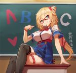  1girl akai_haato bespectacled black_legwear blonde_hair blue_eyes blush bracelet breasts chalkboard commentary_request crossed_legs glasses highres hololive jewelry large_breasts long_hair one_side_up pointer red-framed_eyewear semi-rimless_eyewear sitting smile solo sue_(bg-bros) thigh_strap thighhighs translation_request under-rim_eyewear 