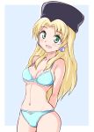  1girl arms_behind_back bikini blonde_hair blue_background blue_bikini blush breasts commentary_request cougar1404 earrings eyebrows_visible_through_hair fur_hat green_eyes hat jewelry kalinka_cossack long_hair open_mouth rockman rockman_xover russia smile solo swimsuit 