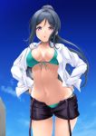  1girl :o =o aqua_bikini bangs bikini blue_hair blue_sky blush breasts cleavage collarbone dress_shirt eyebrows_visible_through_hair frapowa front-tie_bikini front-tie_top hair_between_eyes hands_on_hips high_ponytail large_breasts long_hair long_sleeves looking_at_viewer love_live! love_live!_sunshine!! matsuura_kanan midriff navel open_clothes open_fly open_mouth open_pants open_shirt outdoors ponytail purple_eyes shirt shorts side-tie_bikini sidelocks sky solo swimsuit thighhighs white_shirt 