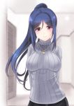  1girl arms_behind_back bangs black_pants blue_hair blurry blurry_background breasts covered_nipples door eyebrows_visible_through_hair frapowa grey_shirt high_ponytail indoors jewelry large_breasts long_hair long_sleeves looking_at_viewer love_live! love_live!_sunshine!! matsuura_kanan pants pendant ponytail purple_eyes ribbed_shirt ribbed_sleeves shirt sidelocks smile solo turtleneck upper_body 