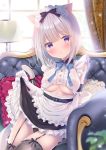  1girl animal_ear_fluff animal_ears apron backlighting belt belt_buckle black_belt black_bow black_panties black_skirt blush bow breasts buckle cat_ears cat_girl cat_tail center_frills commentary_request couch curtains day frilled_apron frilled_pillow frilled_skirt frills garter_straps grey_legwear hair_bow indoors lifted_by_self looking_at_viewer maid maid_headdress on_couch original panties parted_lips pillow purple_eyes shibainu_niki shirt short_hair silver_hair sitting skirt skirt_lift solo sunlight tail tail_bow thighhighs underboob underboob_cutout underwear white_apron white_shirt window 