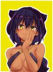  1girl absurdres bare_shoulders black_hair blush braid breasts closed_mouth dark_skin hair_between_eyes hair_flaps hand_to_own_mouth highres jahy jahy_sama_wa_kujikenai large_breasts long_hair looking_at_viewer o-ring o-ring_top outline simple_background single_braid smile solo very_long_hair yellow_background yellow_eyes yggdra0714 