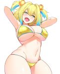 +_+ 1girl aqua_hair arms_up bikini blonde_hair blue_eyes blush bombergirl breasts covered_nipples eyebrows_visible_through_hair fangs grenade_hair_ornament hair_ornament highres large_breasts manabebebe multicolored_hair open_mouth pine_(bombergirl) plump short_hair simple_background skin_fangs solo swimsuit symbol-shaped_pupils two-tone_hair white_background yellow_bikini yellow_pupils 