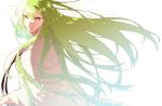  1boy androgynous bangs enkidu_(fate/strange_fake) fate_(series) floating_hair from_side green_eyes green_hair highres hukahire0313 long_hair looking_at_viewer looking_to_the_side male_focus parted_lips robe simple_background smile solo sparkle upper_body very_long_hair white_background wind 