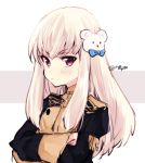  1girl closed_mouth crossed_arms fire_emblem fire_emblem:_three_houses fire_emblem_heroes garreg_mach_monastery_uniform hair_ornament long_hair long_sleeves lysithea_von_ordelia naho_(pi988y) pink_eyes simple_background solo twitter_username uniform upper_body white_hair 