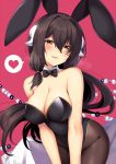  1girl animal_ears azur_lane beads black_hair black_legwear black_leotard black_neckwear bow bowtie breasts brown_eyes bunny_ears bunnysuit cleavage cowboy_shot detached_collar hair_between_eyes heart horns horosuke_(toot08) large_breasts leaning_forward leotard long_hair mikasa_(azur_lane) pantyhose red_background simple_background solo spoken_heart strapless strapless_leotard 