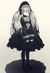  1girl absurdres alternate_costume choker cross cross_necklace destroyer_(girls_frontline) dress girls_frontline gothic_lolita headdress highres jewelry lolita_fashion long_hair looking_at_viewer necklace silver_hair solo torieto twintails very_long_hair yellow_eyes 