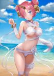  1girl bandaged_arm bandaged_leg bandages bangs beach blue_eyes blue_sky blush bracelet breasts detached_sleeves double_bun fate/grand_order fate_(series) frankenstein&#039;s_monster_(fate) frankenstein&#039;s_monster_(swimsuit_saber)_(fate) hair_ornament hair_over_one_eye hairclip headgear horn jewelry looking_at_viewer mokyumokyuchan naked_bandage navel ocean open_mouth pink_hair short_hair single_detached_sleeve sky solo thighs 