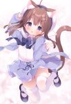  1girl :d ahoge animal_ear_fluff animal_ears arm_up beret black_bow black_footwear blue_jacket blue_skirt blush bow braid brown_hair cat_ears cat_girl cat_tail commentary_request dress_shirt full_body hand_up hat jacket long_hair long_sleeves looking_at_viewer open_clothes open_jacket open_mouth original piyodera_mucha pleated_skirt purple_eyes sailor_collar school_uniform serafuku shirt shoes skindentation skirt sleeves_past_wrists smile solo tail thighhighs twintails v white_headwear white_legwear white_sailor_collar white_shirt 