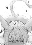  1girl animal_ears ass bangs blush cat_ears cat_tail closed_eyes fellatio final_fantasy final_fantasy_xiv greyscale heart highres implied_fellatio kneeling miqo&#039;te monochrome motion_lines nanaya_(daaijianglin) nude oral pov short_hair signature simple_background solo steaming_body tail whisker_markings white_background y&#039;shtola_rhul 