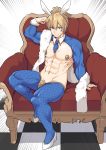  1boy abs animal_ears blonde_hair blue_legwear bunny_ears commentary_request eyebrows_visible_through_hair fate_(series) fishnet_legwear fishnets gawain_(fate/extra) green_eyes long_sleeves male_focus muscle navel pantyhose reverse_bunnysuit reverse_outfit shiseki_hirame shoes short_hair sitting solo white_footwear 