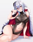  1girl azur_lane black_swimsuit blush breasts cleavage eyebrows_visible_through_hair flower fur_trim graf_zeppelin_(azur_lane) graf_zeppelin_(beachside_urd)_(azur_lane) hair_between_eyes hair_flower hair_ornament highres large_breasts long_hair looking_at_viewer navel navel_cutout one-piece_swimsuit rama_(yu-light8) red_eyes see-through silver_hair solo swimsuit very_long_hair 