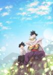  3boys ^_^ arm_support baby black_footwear black_hair black_pants blue_sky blurry bokeh brothers cape carrying chinese_clothes closed_eyes closed_mouth cloud cloudy_sky commentary_request crossed_arms day depth_of_field dot_nose dragon_ball dragon_ball_z forest frown full_body grass happy high_collar highres horizon laughing male_focus mattari_illust mountain mountainous_horizon multiple_boys nature nervous open_mouth outdoors pants piccolo pointy_ears purple_pants rock serious shirt shoulder_carry siblings sitting sitting_on_rock sky smile son_gohan son_goten spiked_hair sweatdrop turban twitter_username white_shirt wind wind_lift wristband 