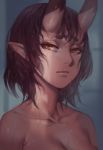  1girl blurry blurry_background breasts brown_hair cleavage closed_mouth collarbone depth_of_field horns kidouko_(zakusi) looking_at_viewer nude oni original pointy_ears red_oni red_skin short_hair solo wet yellow_eyes zakusi 