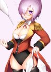  1girl absurdres alternate_costume black_legwear black_leotard blush breasts buttons cleavage coattails detached_collar epaulettes fate/grand_order fate_(series) glasses hair_over_one_eye highres jacket juggling_club large_breasts lavender_hair leotard long_sleeves looking_at_viewer mash_kyrielight nanakaku open_mouth purple_eyes red_jacket short_hair thighhighs thighs 