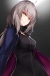  1girl absurdres ahoge bangs black_dress blue_coat breasts coat dress fate/grand_order fate_(series) full-length_zipper fur-trimmed_coat fur_trim gradient gradient_background grey_background grey_hair grin hair_between_eyes highres jeanne_d&#039;arc_(alter)_(fate) jeanne_d&#039;arc_(fate)_(all) jewelry large_breasts long_hair long_sleeves looking_at_viewer nanakaku necklace open_clothes open_coat smile solo wicked_dragon_witch_ver._shinjuku_1999 yellow_eyes zipper 