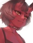  1girl black_choker breasts brown_hair choker cleavage closed_mouth fang fang_out horns oni_horns original red_oni_(zakusi) red_skin short_eyebrows short_hair solo tank_top thick_eyebrows yellow_eyes zakusi 