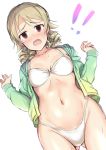  !! 1girl @_@ ass_visible_through_thighs bangs bikini blush breasts brown_eyes cleavage drill_hair earrings eyebrows_visible_through_hair green_jacket heart heart_earrings highleg highleg_bikini idolmaster idolmaster_cinderella_girls jacket jewelry light_brown_hair long_hair long_sleeves looking_at_viewer morikubo_nono navel open_clothes open_jacket open_mouth ringlets simple_background small_breasts solo sousakubito standing swimsuit white_background white_bikini 