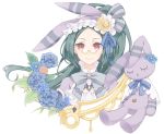  1girl alternate_costume animal_ears ar_tonelico ar_tonelico_ii black_hair blue_flower blue_ribbon bow bowtie bunny_ears collar face fake_animal_ears flower frilled_collar frilled_headband frills glasses infel island_march leaf long_hair looking_at_viewer mimimi_(ar_tonelico) pince-nez ponytail portrait red_eyes ribbon simple_background smile solo stuffed_animal stuffed_bunny stuffed_toy white_background 