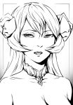  1girl bare_shoulders breasts cleavage demon_girl demon_horns detached_collar fangs greyscale hair_between_eyes halftone halftone_background horns large_breasts long_hair looking_at_viewer monochrome open_mouth original slit_pupils solo upper_body zakusi 