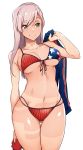  1girl american_flag_bikini asymmetrical_hair bangs bare_shoulders bikini blue_eyes blush breasts cleavage closed_mouth clothes_removed collarbone fate/grand_order fate_(series) flag_print front-tie_bikini front-tie_top hair_down highres large_breasts long_hair looking_to_the_side miyamoto_musashi_(fate/grand_order) miyamoto_musashi_(swimsuit_berserker)_(fate) navel pink_hair shrug_(clothing) simple_background smile solo swept_bangs swimsuit tan tanline thighs tokiwa_midori_(kyokutou_funamushi) white_background 