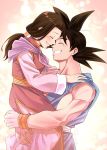  1boy 1girl :d ^_^ black_hair carrying chi-chi_(dragon_ball) china_dress chinese_clothes clenched_teeth closed_eyes closed_mouth couple dougi dragon_ball dragon_ball_z dress eyelashes fingernails forehead-to-forehead gradient gradient_background hands_on_another&#039;s_shoulders happy hetero husband_and_wife long_sleeves low_ponytail mattari_illust muscle neckerchief open_mouth pink_background ponytail profile purple_neckwear shiny shiny_hair simple_background smile son_gokuu spiked_hair teeth upper_body white_background wide_sleeves wristband 
