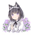  1girl animal_ear_fluff animal_ears bangs black_bow black_hair blush bow braid cat_ears closed_mouth commentary_request cropped_torso eyebrows_visible_through_hair flower hand_up juliet_sleeves long_sleeves looking_at_viewer maid_headdress original puffy_sleeves purple_eyes purple_flower shirt smile solo upper_body wataame27 white_background white_shirt 