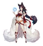  1girl ahri animal_ears bare_shoulders black_hair breasts cleavage closed_mouth duto extra_tails facial_mark fingernails fox_ears fox_tail highres kitsune league_of_legends long_fingernails long_hair orange_eyes ponytail sharp_fingernails shiny shiny_skin simple_background solo standing tail very_long_hair white_background 