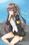  1girl black_jacket black_skirt blush bow breasts brown_eyes brown_hair girls_frontline hair_bow hand_in_mouth highres jacket long_hair looking_at_viewer ocean open_clothes open_shirt scar shirt simple_background skirt small_breasts so_myeolchi solo ump45_(girls_frontline) very_long_hair white_shirt 