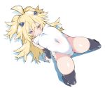  1girl ahoge black_footwear black_legwear blonde_hair blue_eyes blush covered_navel covered_nipples detached_sleeves eyebrows_visible_through_hair highres kz_oji leotard long_hair original parted_lips simple_background solo sweat thighhighs white_background white_leotard 