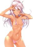  1girl alternate_costume armpits ass_visible_through_thighs bare_shoulders bikini blush breasts cameltoe chloe_von_einzbern collarbone covered_nipples cowboy_shot dark_skin eyebrows_visible_through_hair fate/kaleid_liner_prisma_illya fate_(series) hair_between_eyes hechi_(hechi322) highres light_smile long_hair looking_at_viewer micro_bikini navel one_side_up pink_bikini pink_hair small_breasts smile solo stomach_tattoo strap_lift strap_pull swimsuit tattoo thighs underboob white_background yellow_eyes 