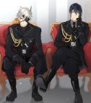  2boys absurdres armor black_gloves blue_eyes blue_hair boots coma_(macaron) crossed_legs eyepatch gloves hand_on_own_knee highres horn japanese_armor looking_at_viewer mikazuki_munechika military military_uniform multiple_boys onimaru_kunitsuna shoulder_armor silver_hair sitting_on_chair sword touken_ranbu uniform weapon 