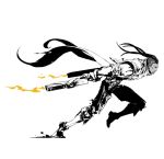  1boy closed_mouth dual_wielding duto greyscale gun handgun holding holding_gun holding_weapon league_of_legends long_hair lucian_(league_of_legends) male_focus monochrome pistol running solo spot_color torn_clothes weapon 