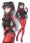  1girl :d alternate_costume ass ass_visible_through_thighs bangs between_fingers black_hair blush bodysuit breasts commentary_request cosplay covered_navel earrings evangelion:_2.0_you_can_(not)_advance eyebrows_visible_through_hair fate/stay_night fate_(series) full_body gem hair_ornament hand_on_hip highres jewelry long_hair looking_at_viewer multiple_views neon_genesis_evangelion open_mouth parted_bangs parted_lips plugsuit rebuild_of_evangelion ruby_(gemstone) shikinami_asuka_langley shikinami_asuka_langley_(cosplay) siino simple_background skin_tight small_breasts smile souryuu_asuka_langley standing test_plugsuit thigh_gap toosaka_rin two_side_up v-shaped_eyebrows very_long_hair white_background 