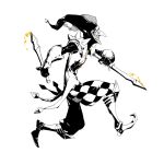  1boy armor checkered checkered_legwear clown dagger dual_wielding duto gloves greyscale highres holding holding_dagger holding_weapon jester league_of_legends long_nose male_focus monochrome pauldrons smile solo spikes spot_color teeth walking weapon yellow_eyes 