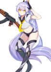  1girl absurdres ak-47 assault_rifle azur_lane black_gloves blush breasts commentary_request eyebrows_visible_through_hair gloves gun hair_between_eyes highres kanta_(kanta_077) long_hair looking_at_viewer navel neckerchief ponytail rifle school_uniform short_shorts shorts silver_hair siren_(azur_lane) siren_purifier_(azur_lane) smile solo very_long_hair weapon yellow_eyes yellow_neckwear 