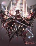  1girl black_cape black_legwear bow cape earrings flower gloves hair_flower hair_ornament highres holding holding_sword holding_weapon jewelry kabi_(kb) long_hair looking_at_viewer pixiv_fantasia pixiv_fantasia_age_of_starlight pointy_ears red_eyes solo sunlight sword thighhighs weapon 
